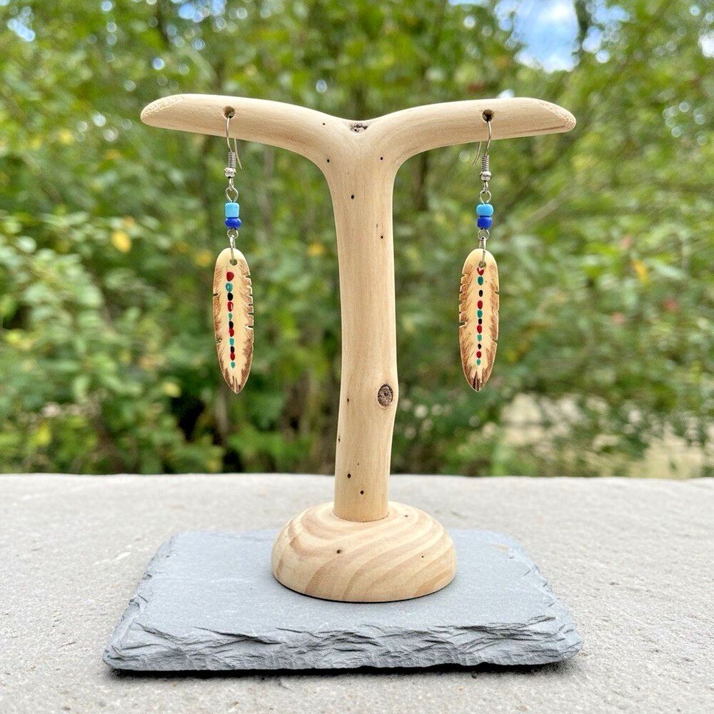 Hand Painted Feather Dangle Earrings Boho Western Style Silver Tone